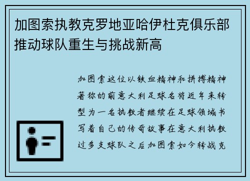 加图索执教克罗地亚哈伊杜克俱乐部推动球队重生与挑战新高