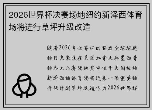 2026世界杯决赛场地纽约新泽西体育场将进行草坪升级改造 2026世界杯决赛场地纽约新泽西体育场将进行草坪升级改造